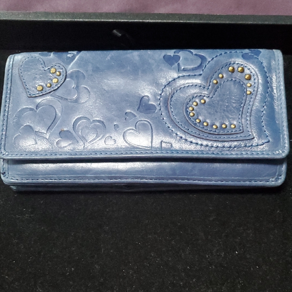 Fossil Blue Heart-Embossed Women's Wallet with Stud Details